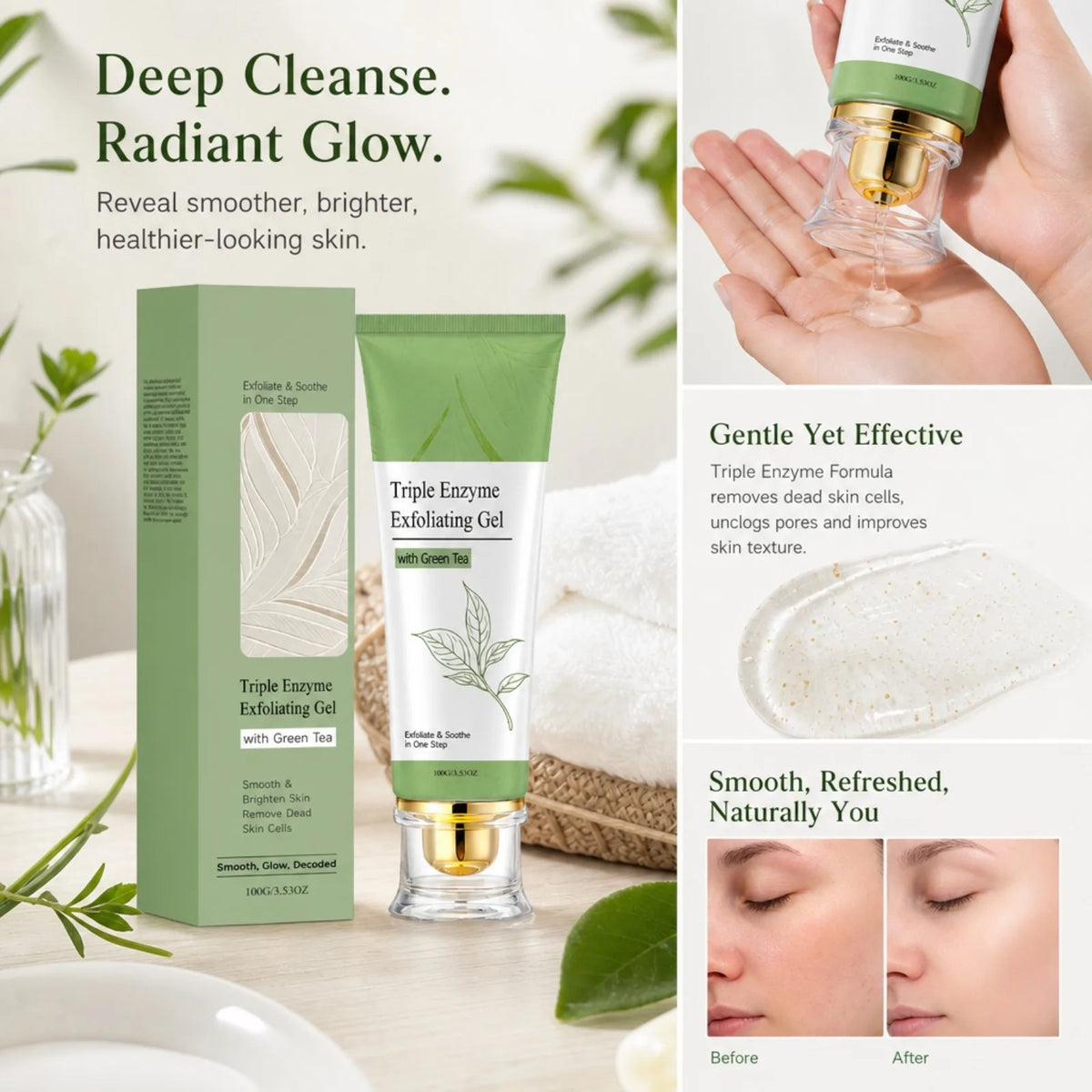 Triple Enzyme Green Tea Facial Exfoliating Gel – 100g Facial Exfoliating Gel SWANS
