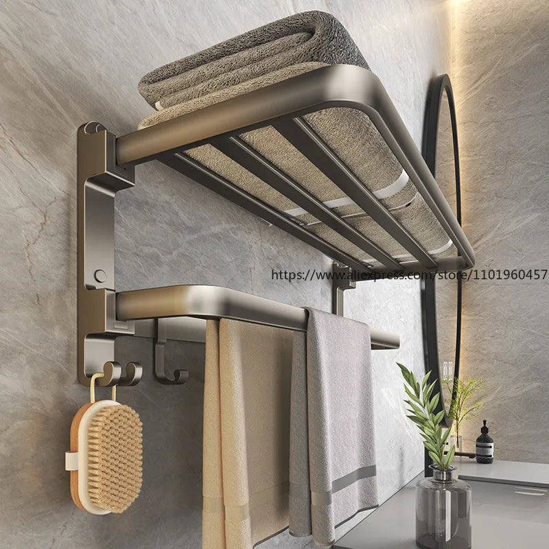 SWANS No-Drill Folding Towel Holder – Space Aluminum Double Bar Towel Holder Rack SWANS