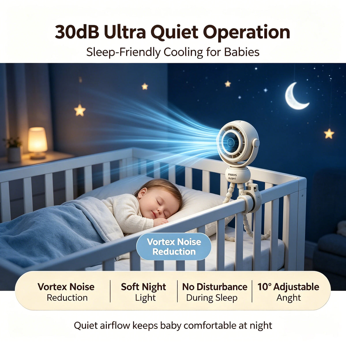 Philips Avent Baby Stroller Fan – 6 Modes, LED Display, Night Light Portable Baby Fan SWANS