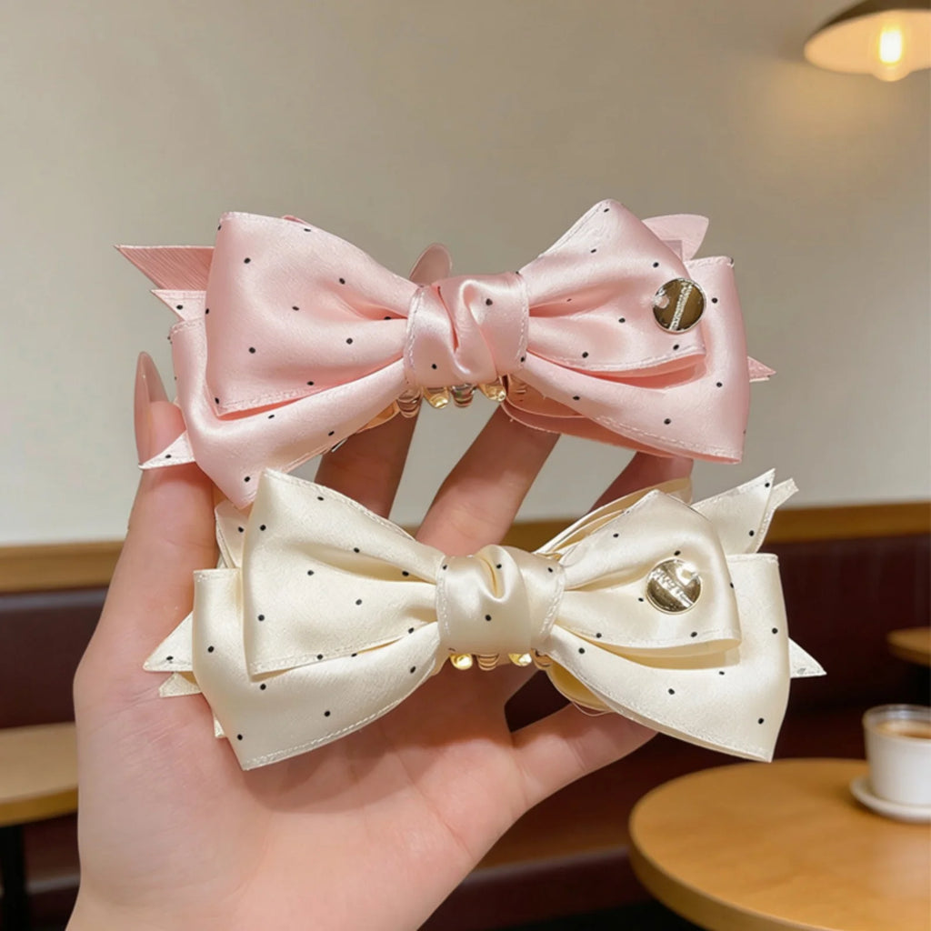 Polka Dot Satin Bow Hair Clip – Rhinestone Barrette for Women Hair Barrette Clip SWANS