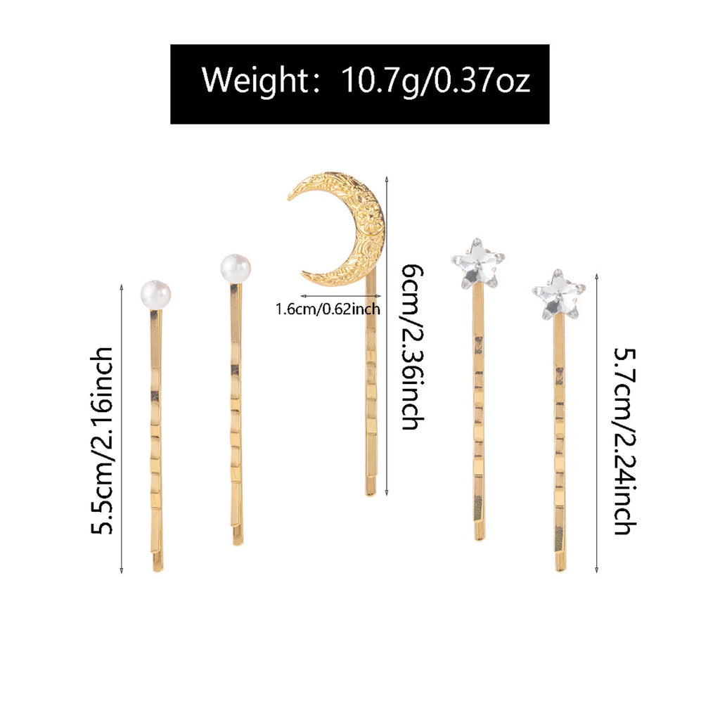8-Pack Celestial Moon Star Faux Pearl Hair Pins – Gold Tone Hair Barrettes Set SWANS