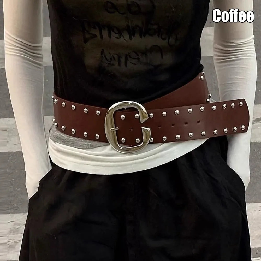 Women's Wide PU Rivet Belt – Punk Style for Jeans & Skirts Wide Waist Belt SWANS Coffee