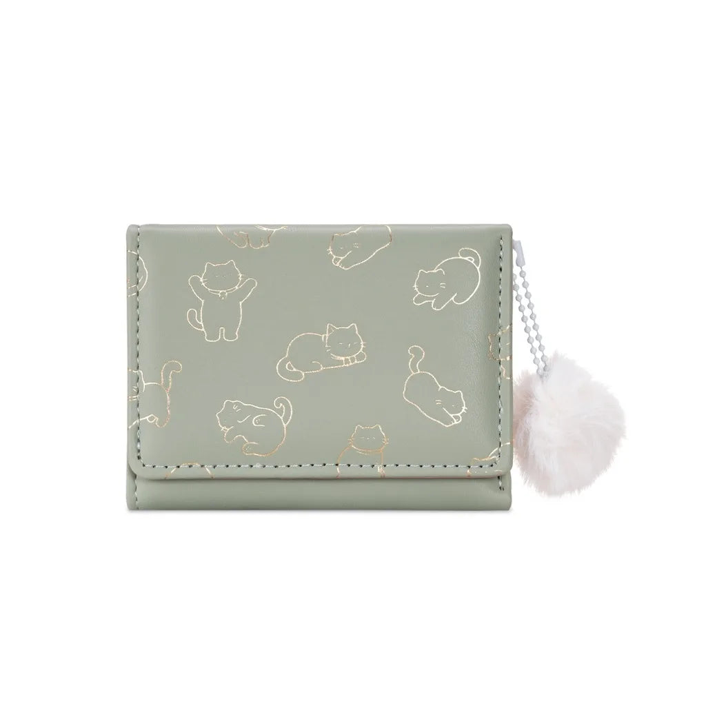Women's Tri-Fold PU Wallet – Cute Cat Pom Pom Card Purse Women's Wallet SWANS Light Green