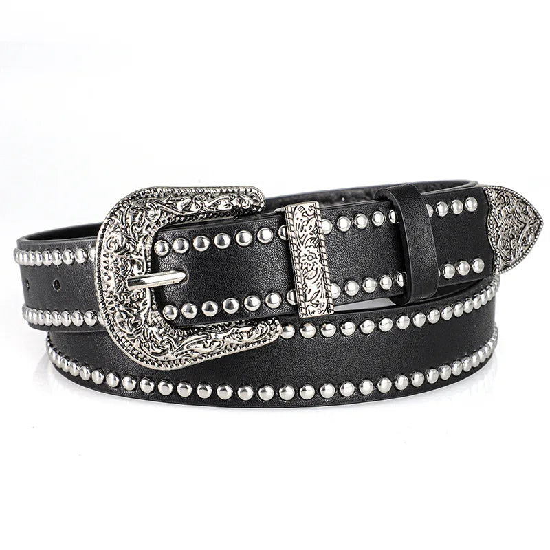 Punk Rivet PU Leather Belt – Vintage Carved Buckle Y2K Unisex PU Leather Belt SWANS black 105cm