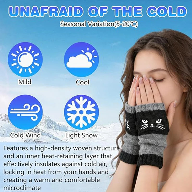 Cute Cat Fingerless Gloves – Thermal Touchscreen Mittens Fingerless Winter Gloves SWANS