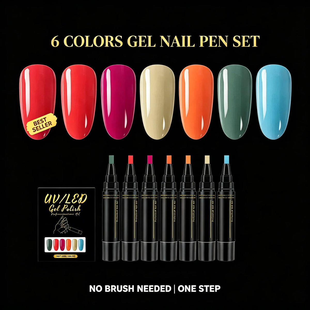 SWANS 3-in-1 Gel Nail Polish Pen Set – 6 Colors Base & Top Coat Gel Nail Polish Set SWANS