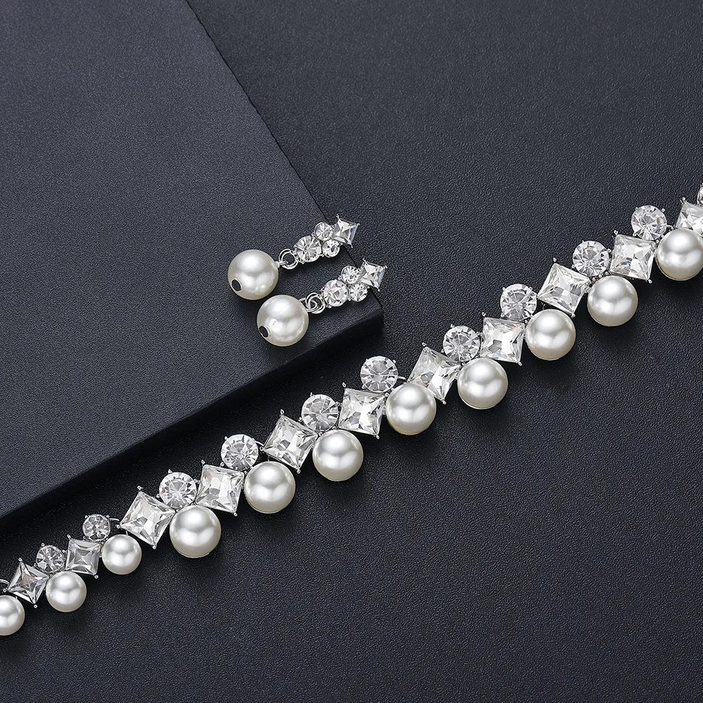Pearl Rhinestone Necklace & Earrings Set – Wedding Jewelry Jewelry Set SWANS