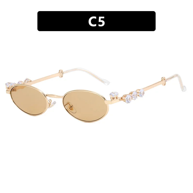 Y2K Vintage Oval Sunglasses Women – UV400 Diamond Metal Frame Fashion Sunglasses SWANS Gold Tea As the photo