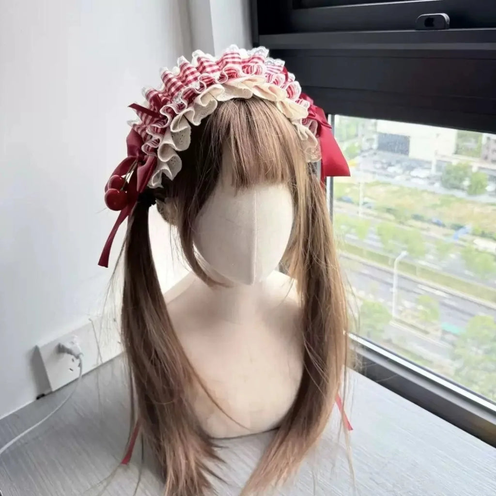 Lolita Cherry Headband Red Plaid Lace Ruffle Bow Hairband Lolita Hair Accessory SWANS