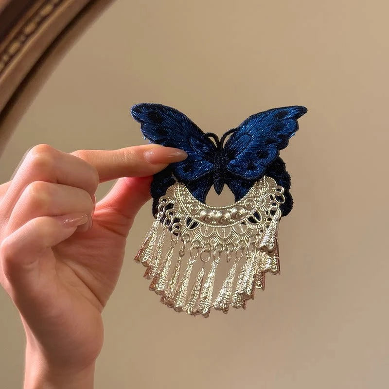 Chinese Embroidered Butterfly Tassel Hair Clip – Hanfu Barrette Hair Barrette Clip SWANS Blue Embroidery