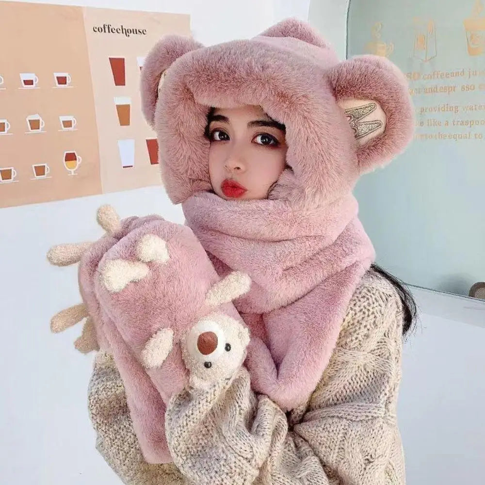 Women's Fleece-Lined Bear Ear Beanie Hat Scarf & Gloves Set Winter Accessories Set SWANS