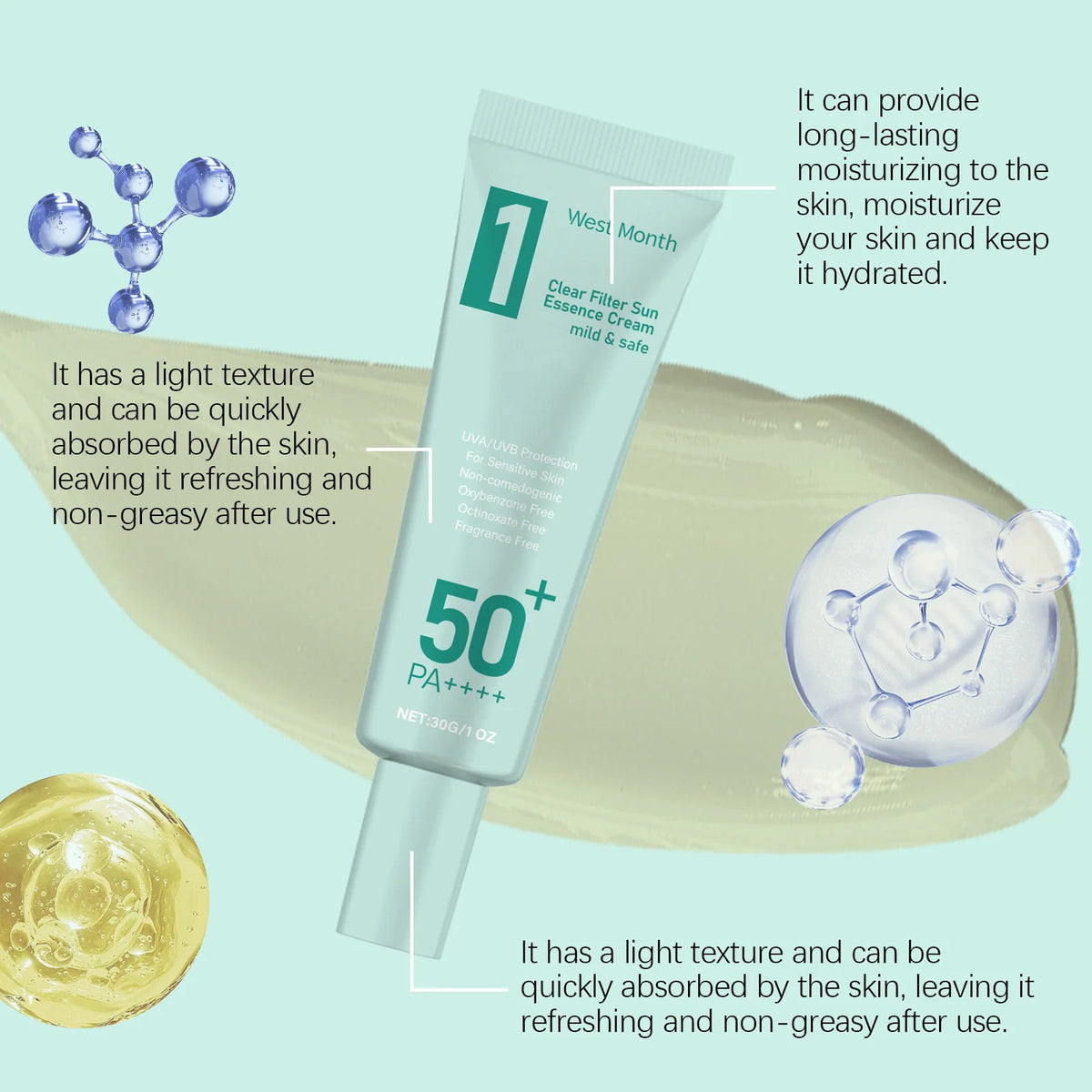 WEST MONTH SPF50 Sunscreen – Broad Spectrum UV Defense Cream Sunscreen Cream SWANS