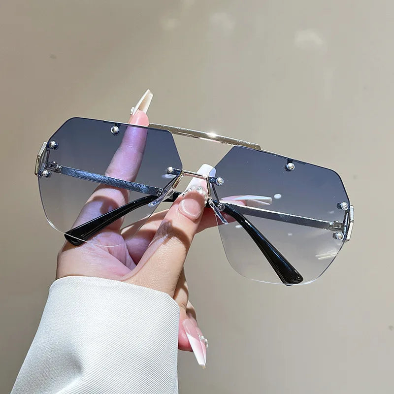 Y2K Rimless Pilot Sunglasses Double Bridge Rivet Metal Unisex Fashion Sunglasses SWANS Blue