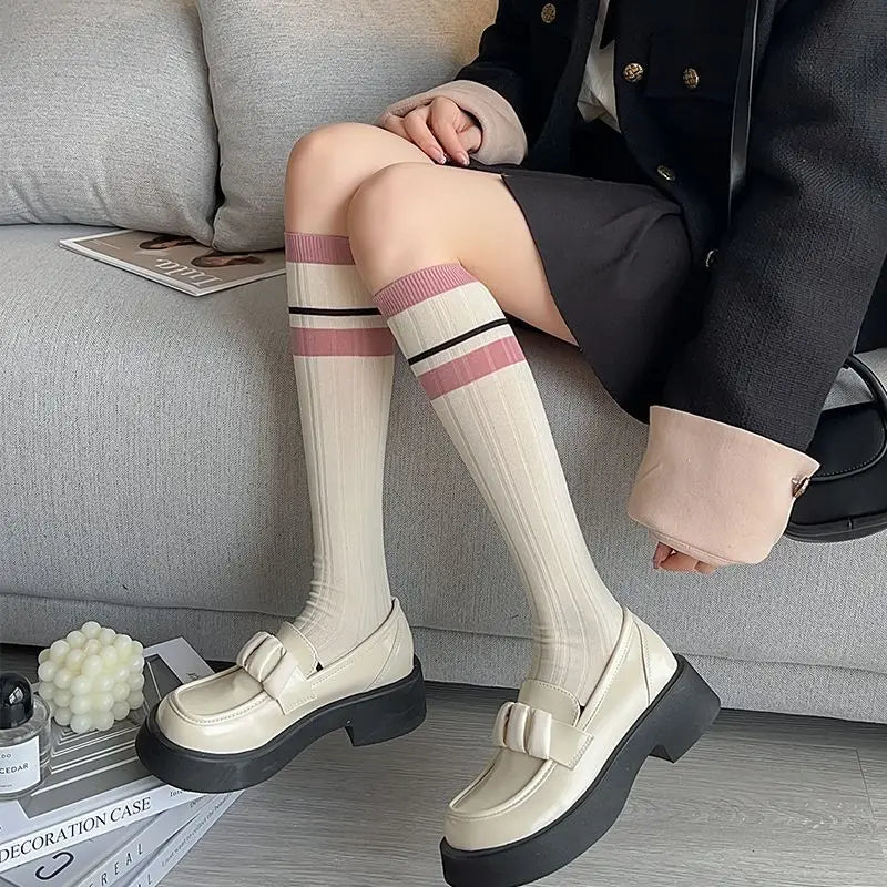 Women's Pink Stripe Knee-High Socks – Cotton Fashion Stockings Knee-High Socks SWANS