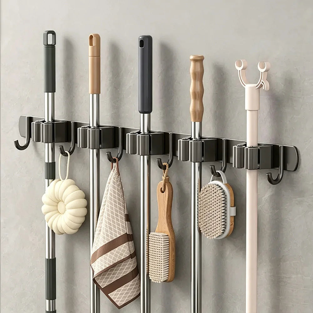 SWANS No-Drill Stainless Steel Mop & Broom Wall Organizer Wall Broom Organizer SWANS