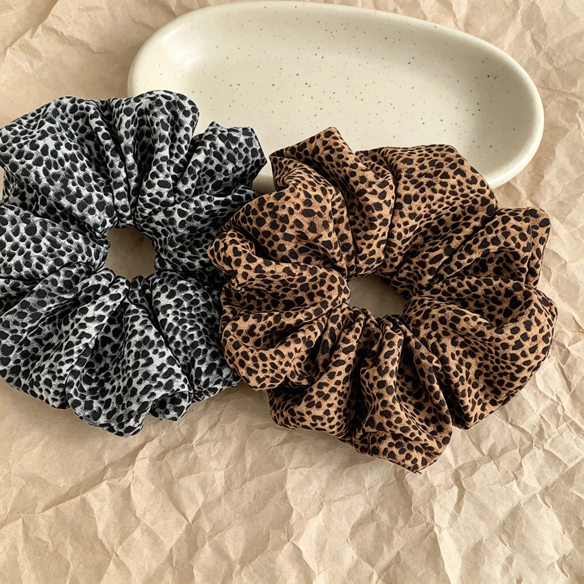 Vintage Leopard Print Scrunchie – Large Soft Fabric Hair Tie Hair Scrunchie SWANS