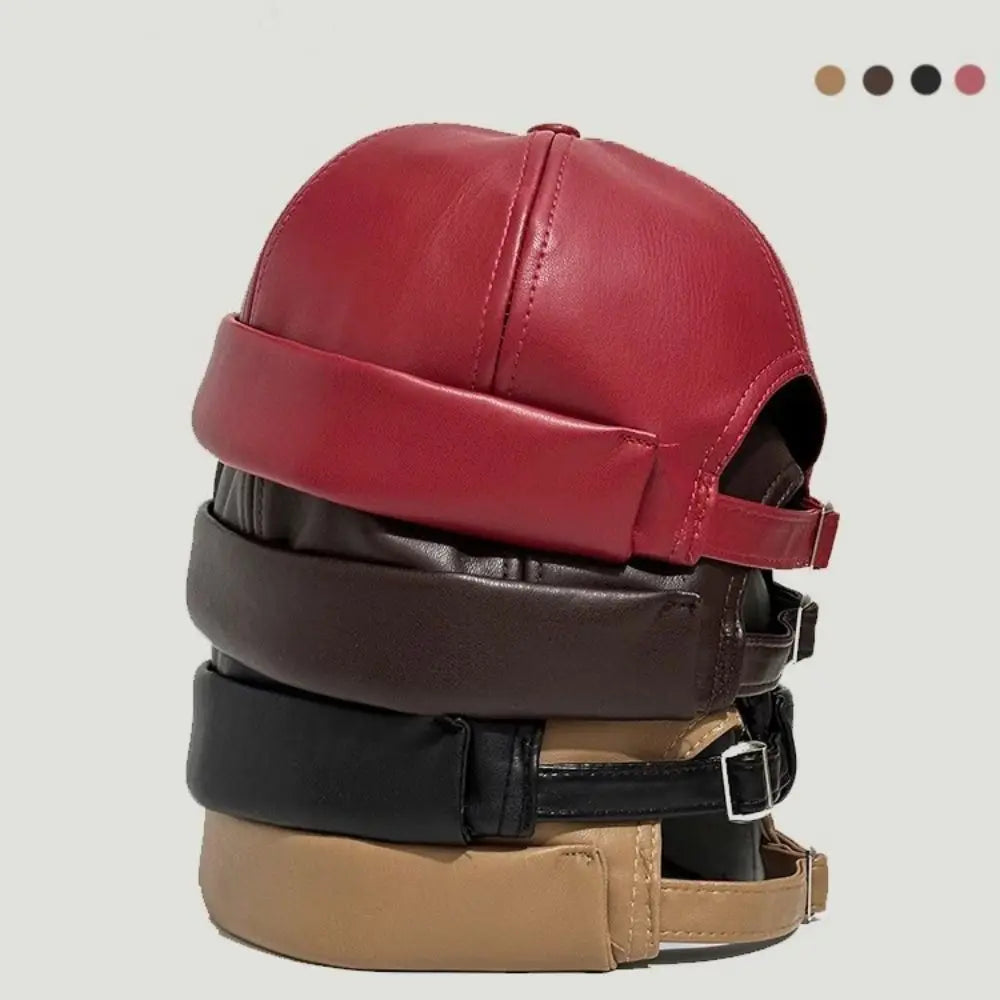 Retro PU Leather Brimless Hat – Unisex Adjustable Docker Cap Brimless Docker Hat SWANS