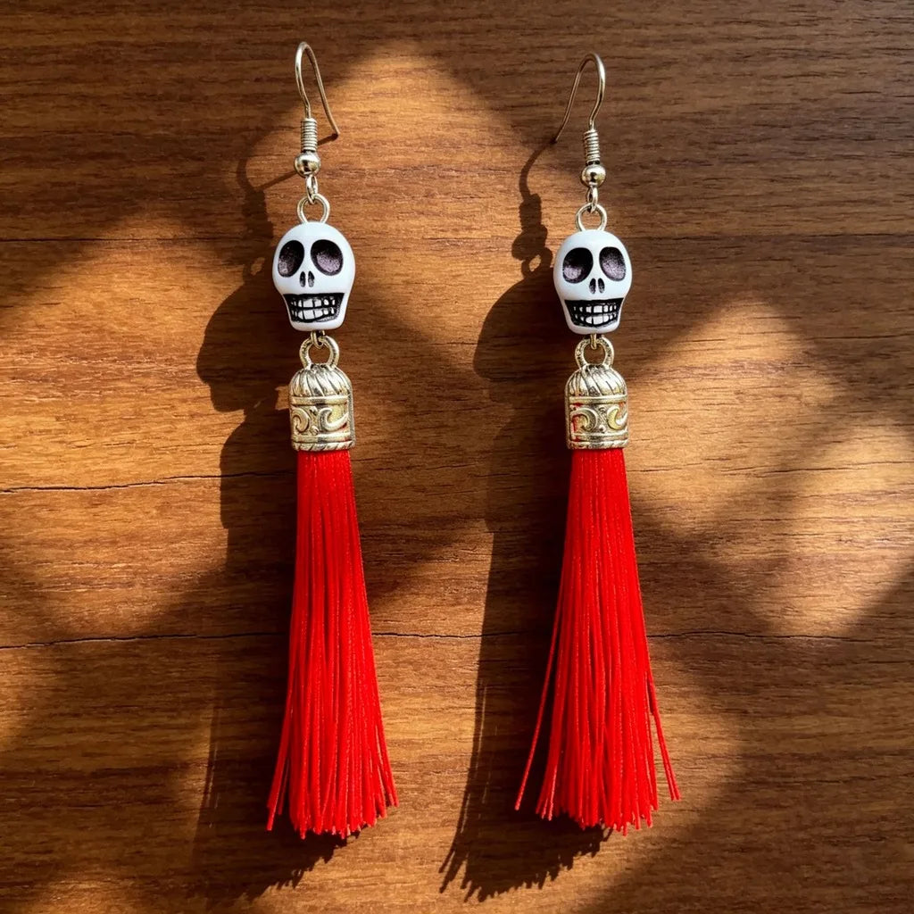 Boho Skull Tassel Drop Earrings – Lightweight Resin Dangle Tassel Drop Earrings SWANS Red