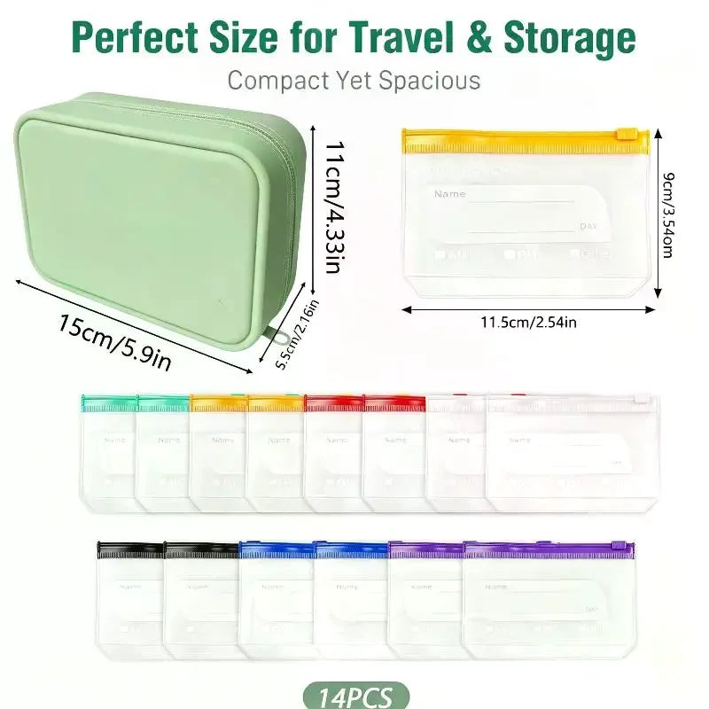 Waterproof Pill Pouch Kit – 7/14 Color-Coded Writable Pouches Pill Organizer Kit SWANS