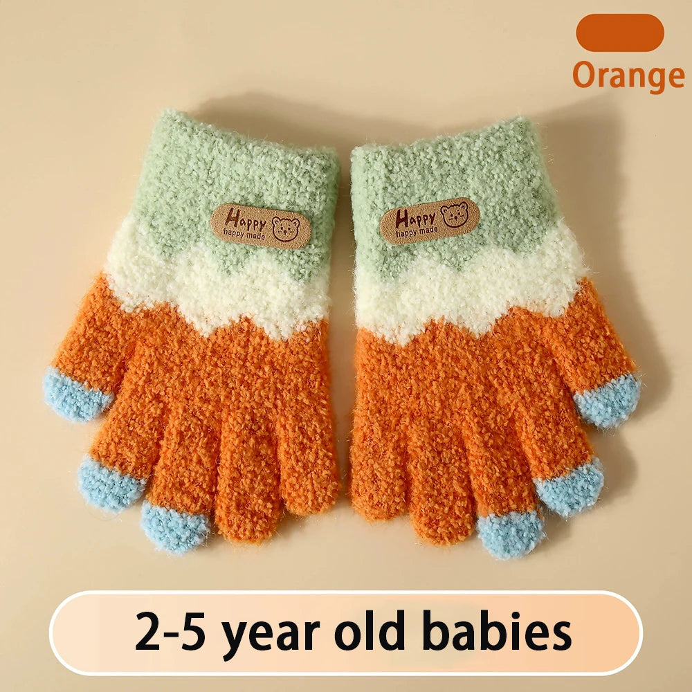 Kids Winter Knitted Gloves – Cute Teddy Bear Full Finger Warmth Kids Winter Gloves SWANS Orange