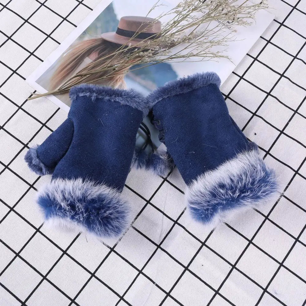 Women's Faux Rabbit Hair Fingerless Winter Gloves – 17 Colors Fingerless Winter Gloves SWANS Blue