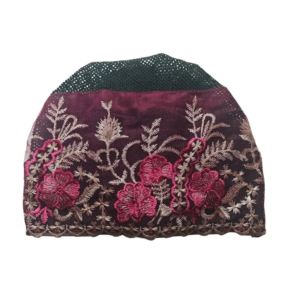 Flower Embroidery Turban Bonnet Hat – Breathable Full Coverage Turban Bonnet Hat SWANS Wine Red