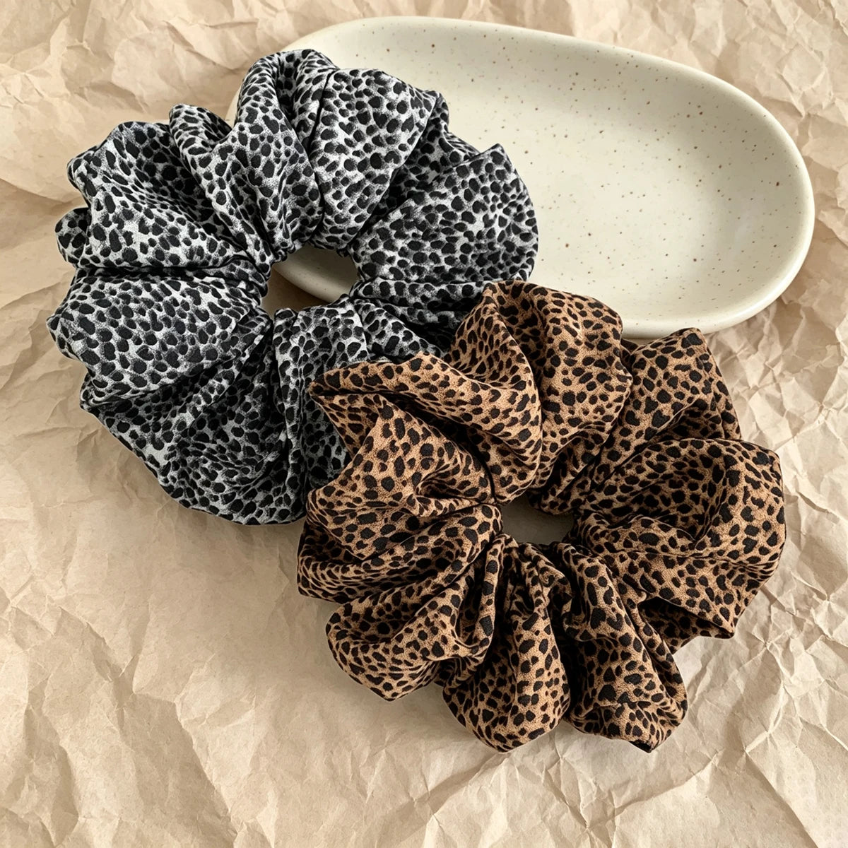 Vintage Leopard Print Scrunchie – Large Soft Fabric Hair Tie Hair Scrunchie SWANS