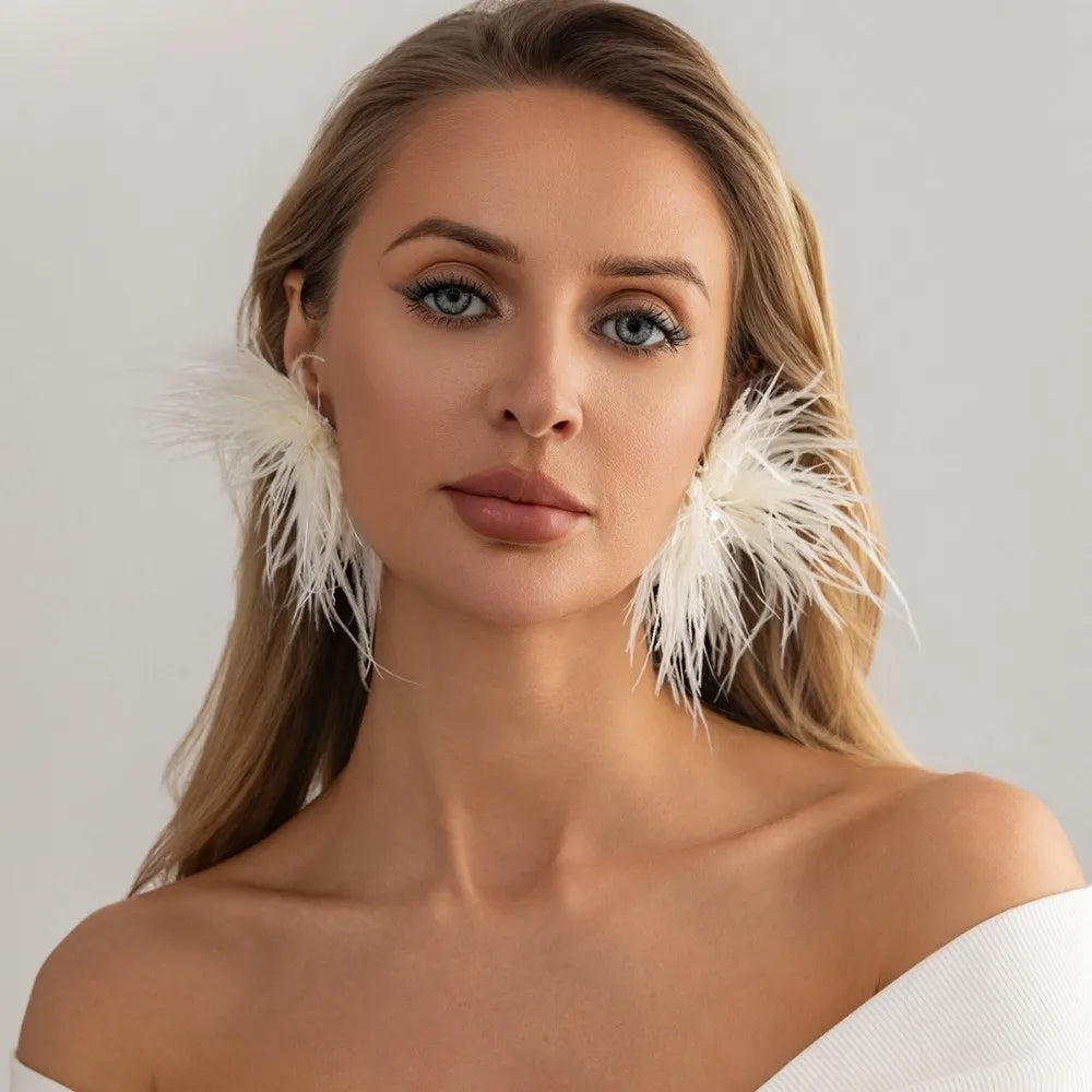 Multicolor Feather Dangle Earrings with Rhinestone Geometric Dangle Earrings SWANS Beige