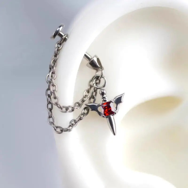 Y2K Gothic Silver Chain Stud Earring – Red Zircon Wing & Rivet Gothic Stud Earring SWANS A2