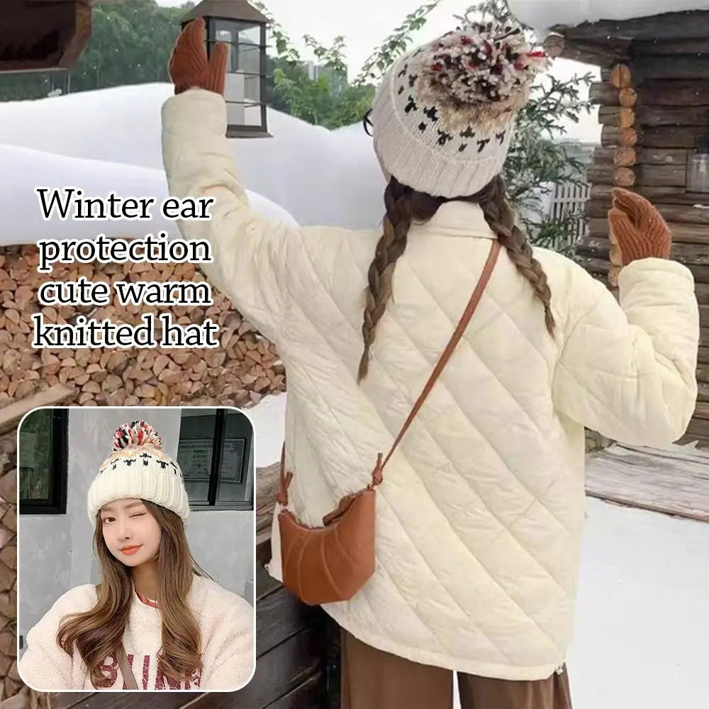 Women's Thickened Pompom Knit Beanie Hat with Ear Flaps Winter Knit Beanie SWANS