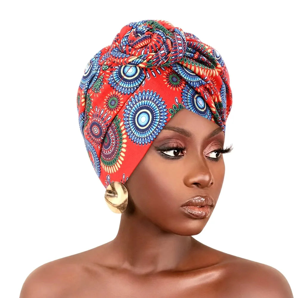 African Print Hijab Cap – Pleated Knotted Head Wrap | All Seasons Hijab Head Wrap SWANS 7