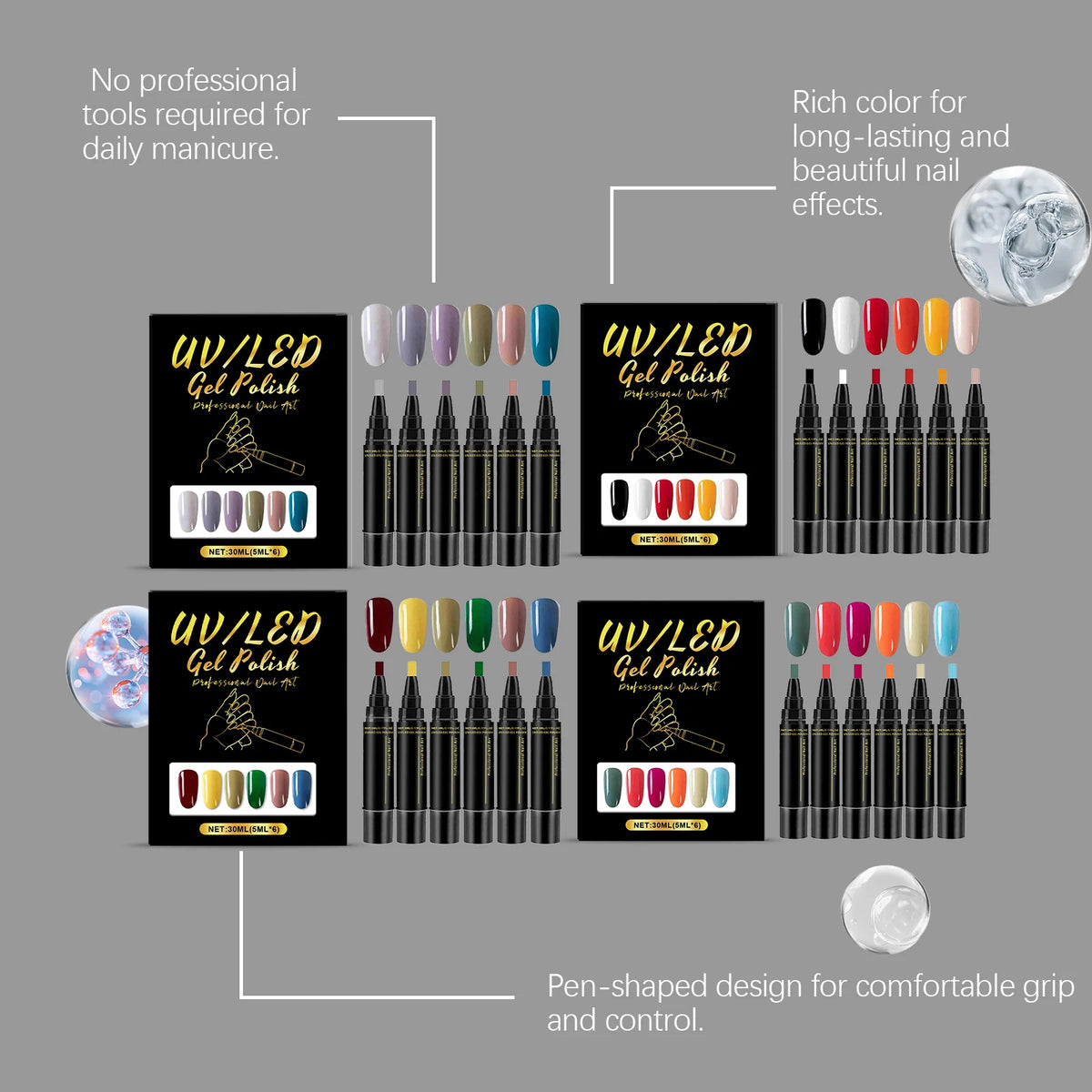SWANS 3-in-1 Gel Nail Polish Pen Set – 6 Colors Base & Top Coat Gel Nail Polish Set SWANS