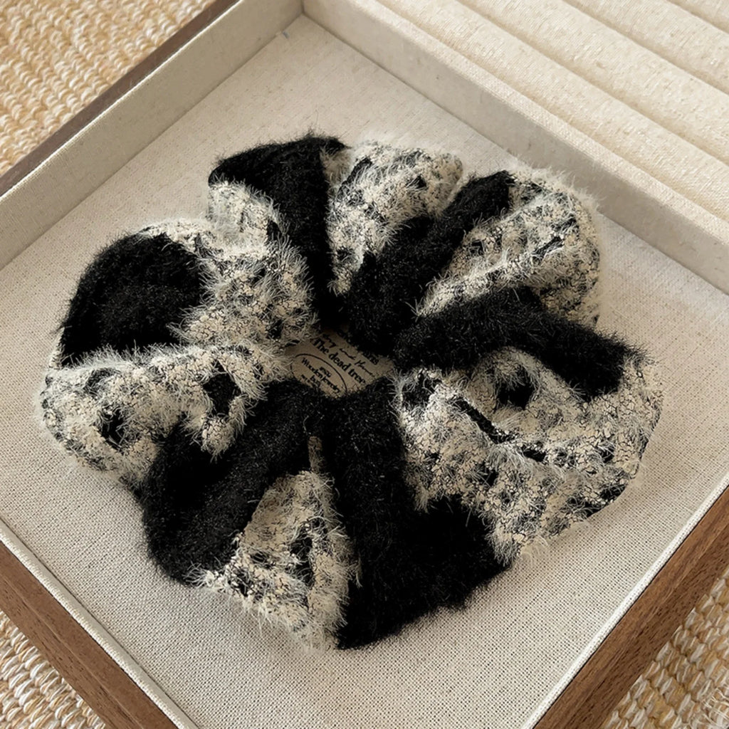 Fuzzy Plaid Scrunchie – Soft Fluffy Knit Winter Hair Tie Hair Scrunchie SWANS black