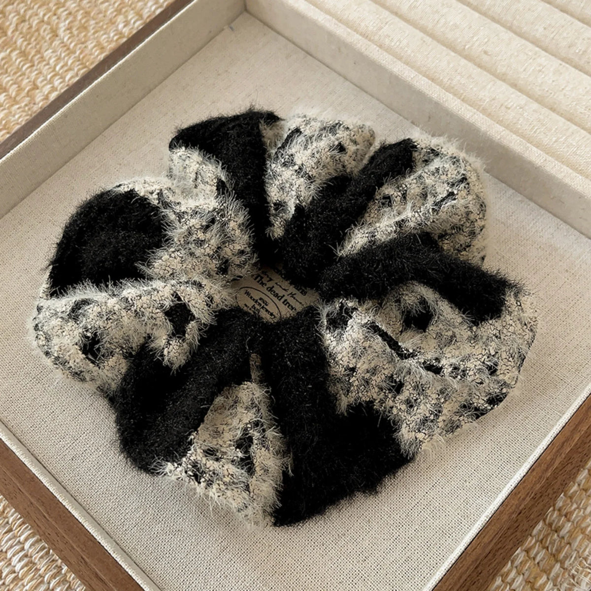 Fuzzy Plaid Scrunchie – Soft Fluffy Knit Winter Hair Tie Hair Scrunchie SWANS black