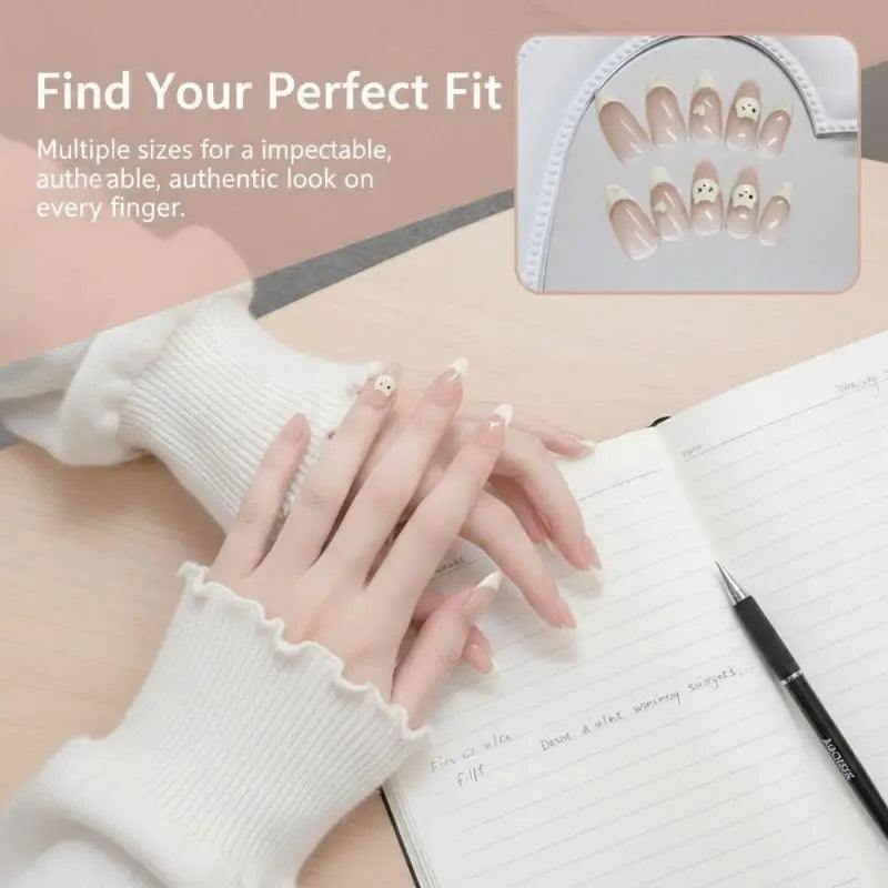 SWANS 24Pcs Almond Press-On Nails – French Tip Bear Print Press-On Nails SWANS