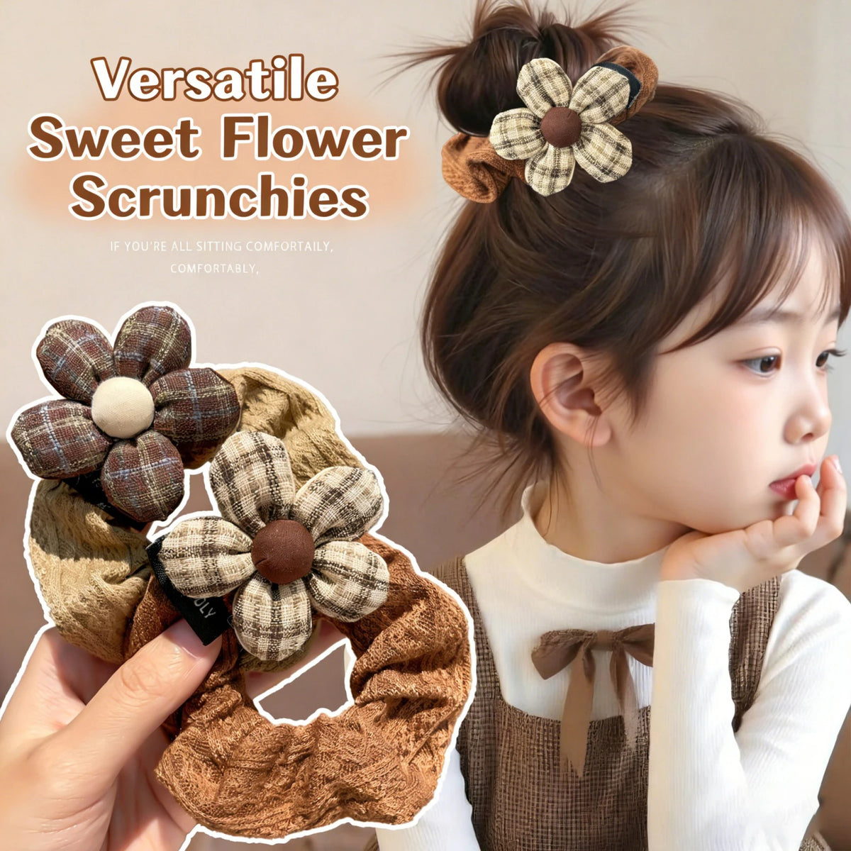 Girls Plaid Flower Hair Scrunchie – Elastic Hair Tie for Kids Kids Hair Scrunchie SWANS