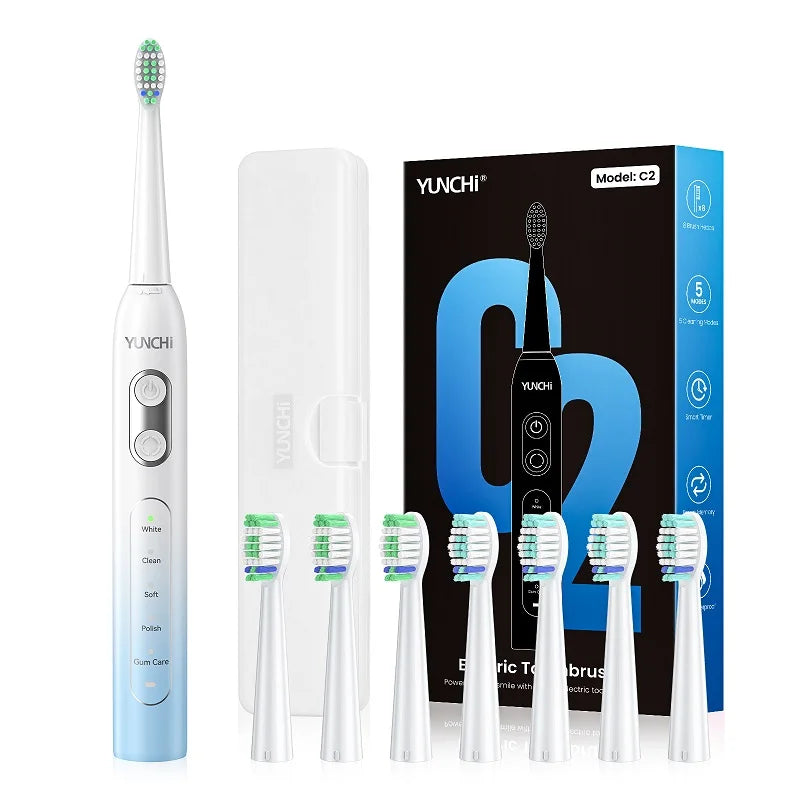 YUNCHI C2 Sonic Electric Toothbrush – 5 Modes, USB-C, 8 Heads Sonic Electric Toothbrush SWANS Blue-White