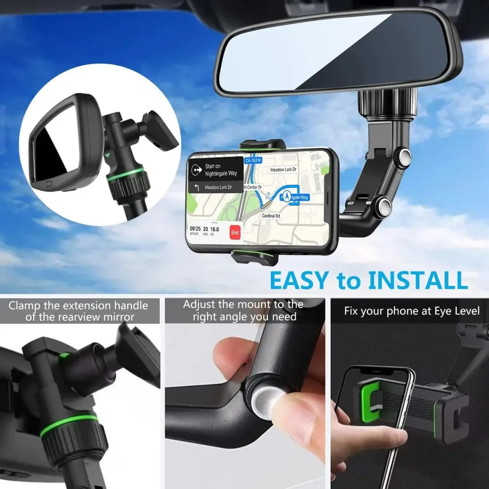 Retractable Rearview Mirror Phone Mount – 360° Universal Car Phone Mount SWANS