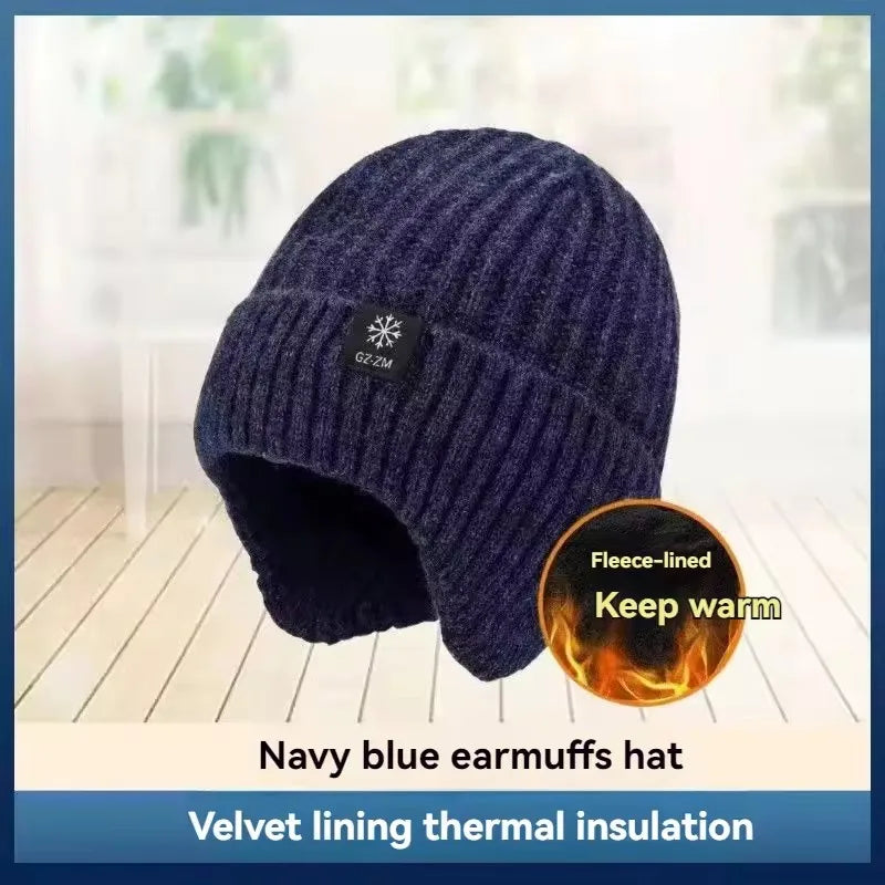 Men's Winter Knitted Hat – Faux Fur Lined Peaked Earmuff Cap Winter Knitted Hat SWANS Navy Blue