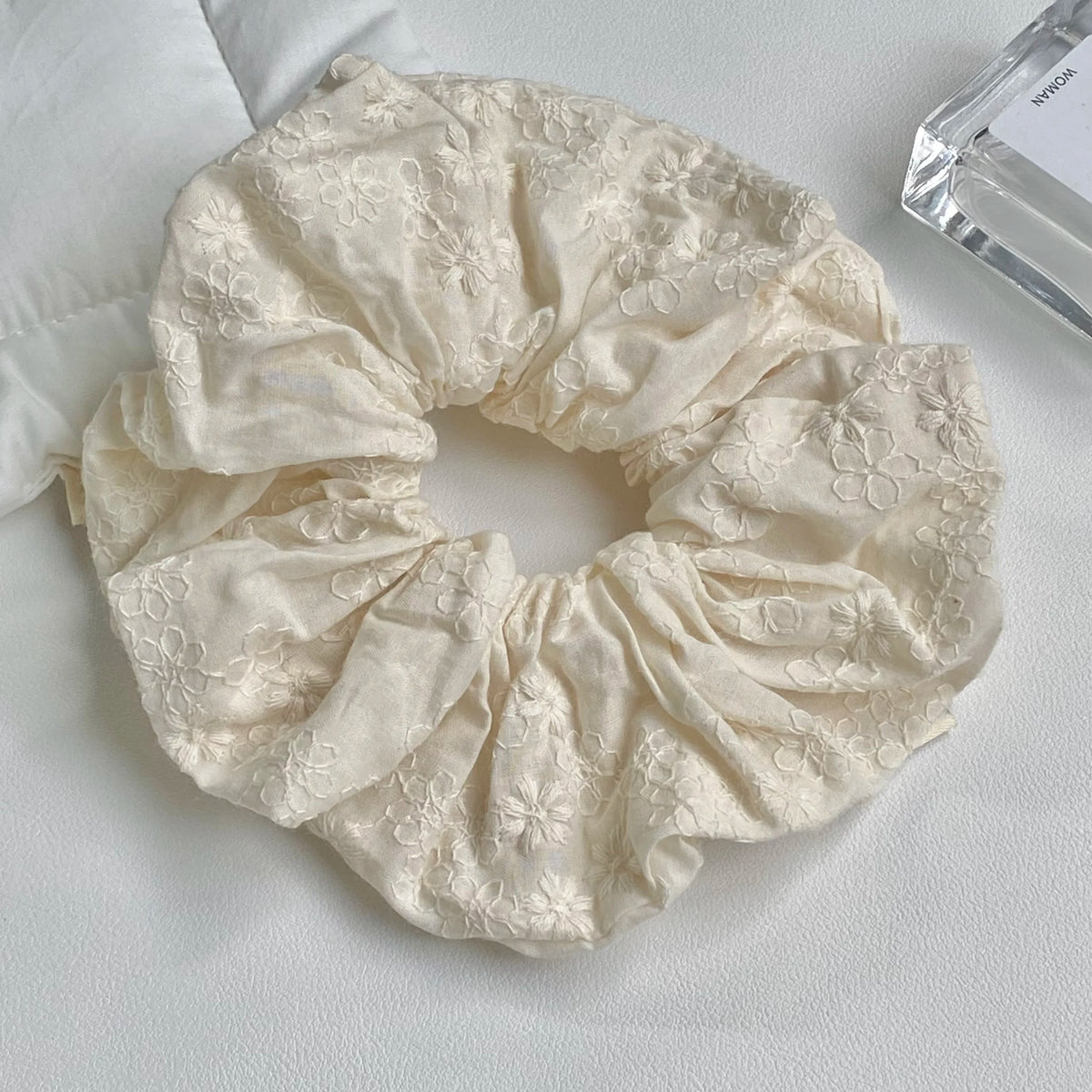 Floral Embroidered Hair Scrunchies – Light Blue & Cream Embroidered Hair Scrunchie SWANS yellow
