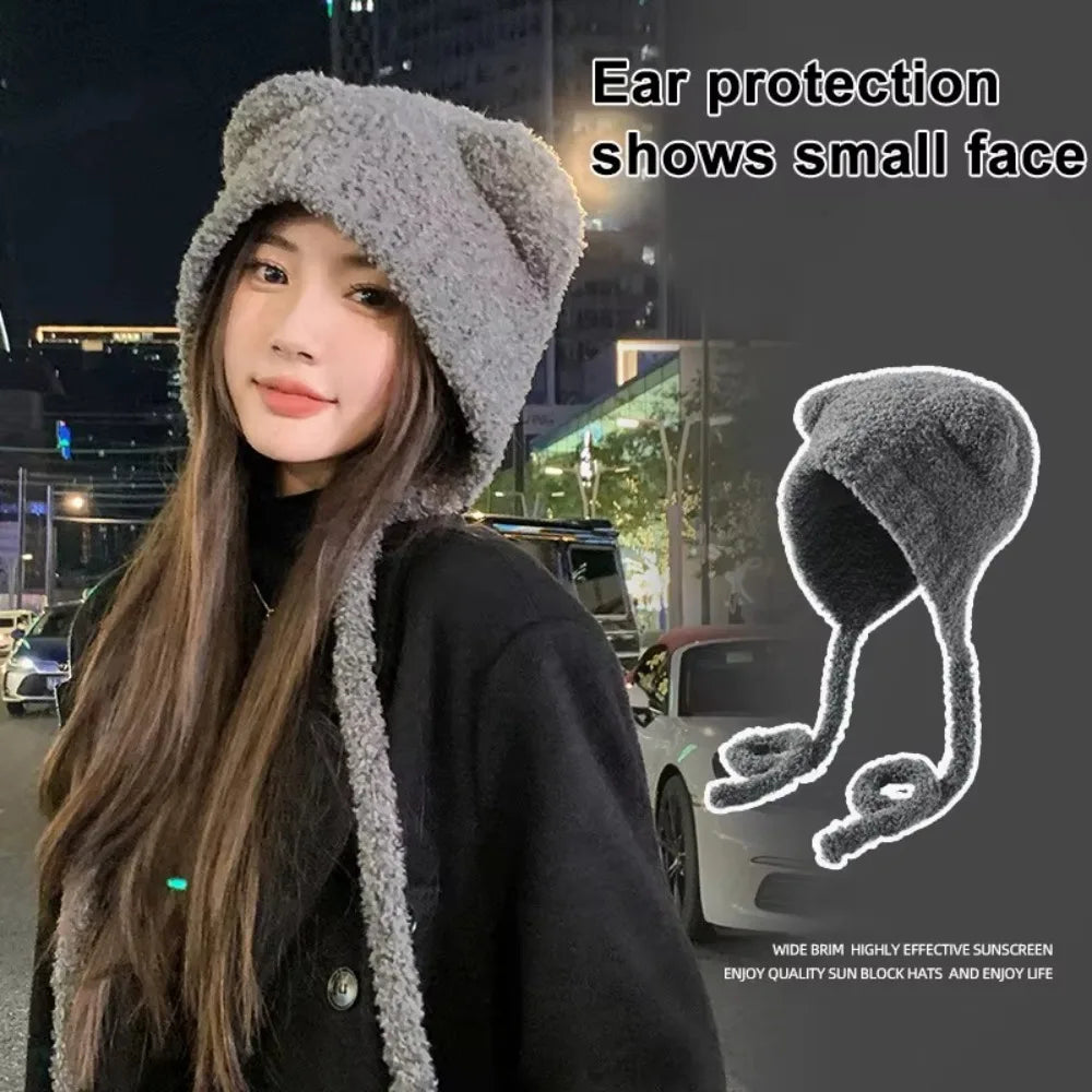 Y2K Bear Ear Knit Beanie Hat – Warm Lace-Up Cap for Women Knit Beanie Hat SWANS