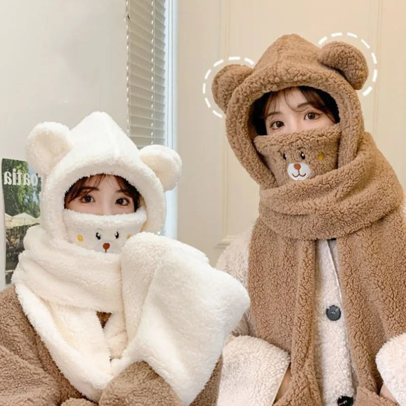 FAITOLAGI Cartoon Bear Plush Winter Hat Scarf Gloves Set Winter Hat Set SWANS