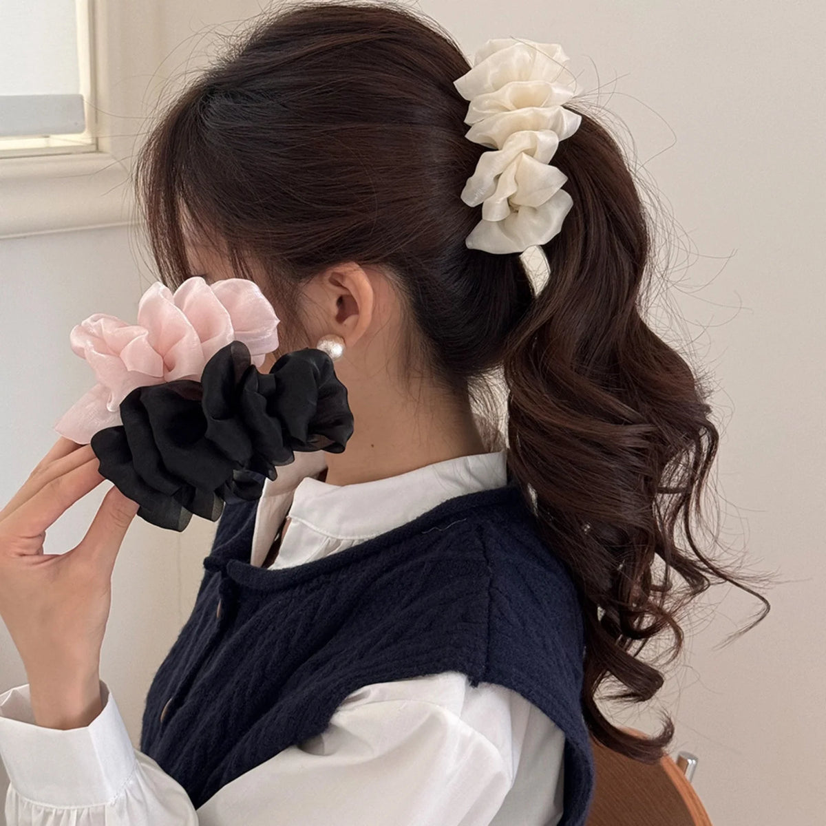 Chiffon Flower Hair Scrunchies 3-Color Set – Black Pink White Hair Scrunchies SWANS