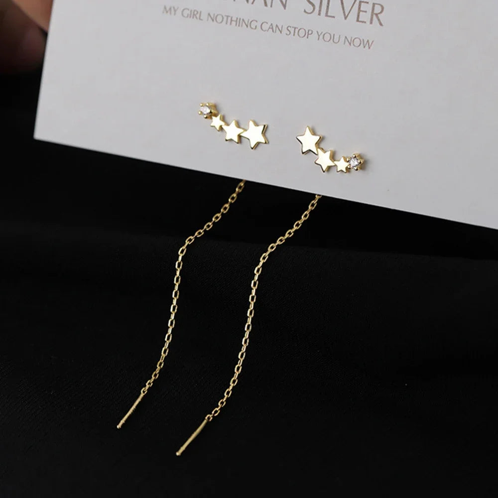Long Tassel Star Drop Earrings – 925 Sterling Silver & Zirconia Drop Tassel Earrings SWANS Gold China 8.2x1.2cm