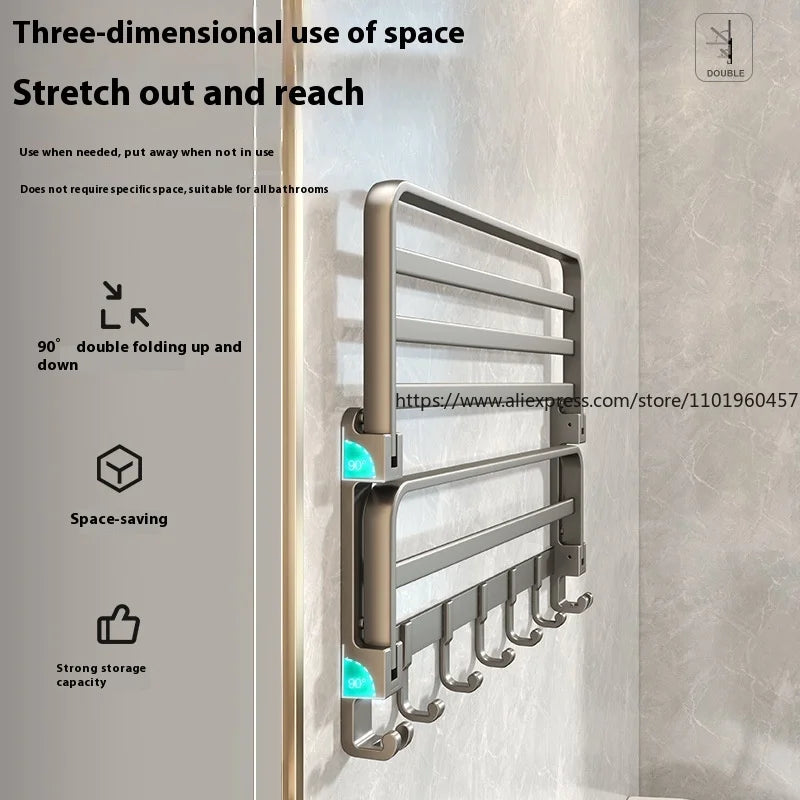 SWANS No-Drill Folding Towel Holder – Space Aluminum Double Bar Towel Holder Rack SWANS