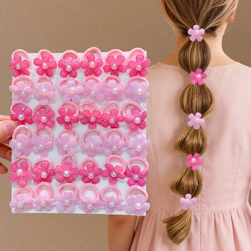 10-Pack Pink Flower Hair Ties with Pearl Decor – Ponytail Holders Floral Hair Ties SWANS