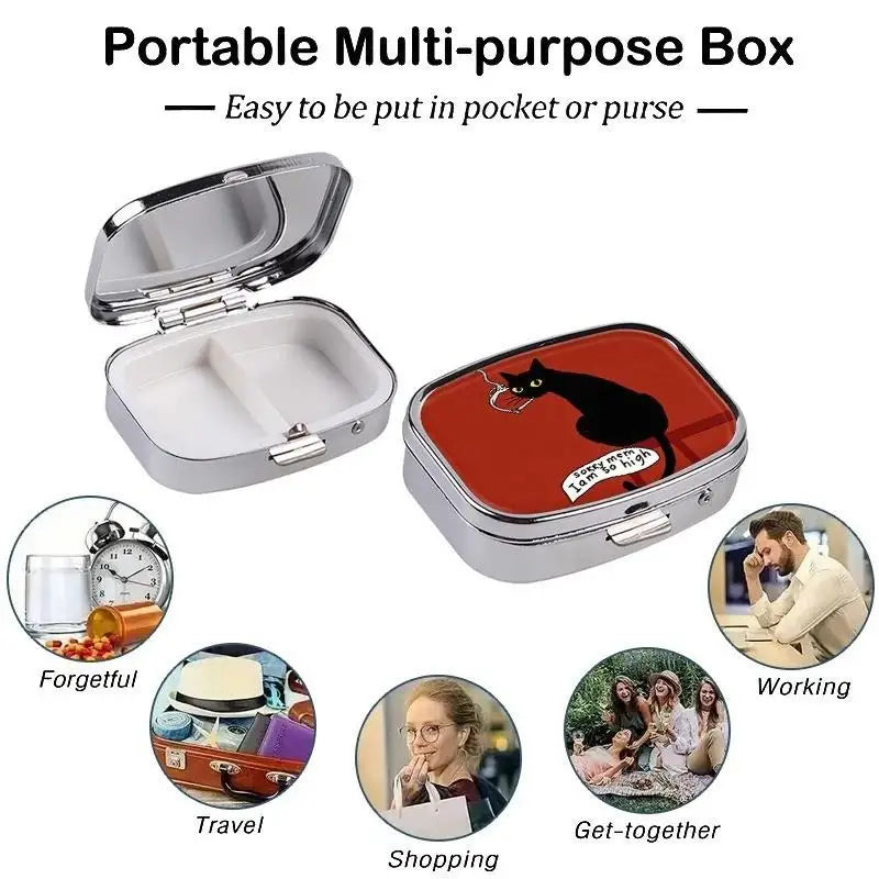 Funny Black Cat Metal Pill Box – 2-Grid Mini Travel Organizer Mini Pill Organizer SWANS