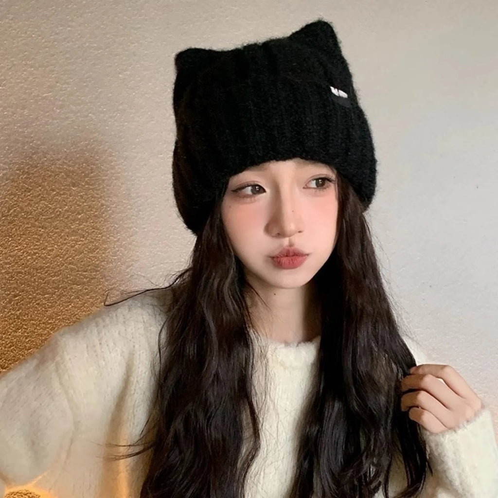 Cat Ear Knitted Beanie – Korean Winter Warm Hat for Women Knitted Winter Beanie SWANS black