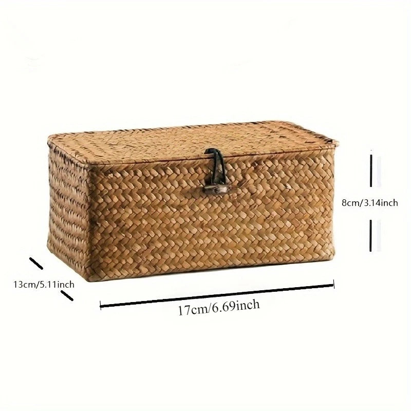 Woven Bamboo Covered Storage Basket – Boho Vintage Desk Organizer Woven Storage Basket SWANS