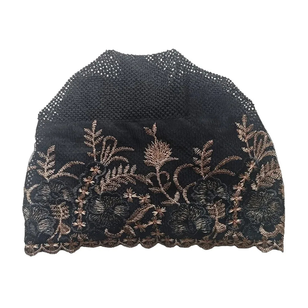 Flower Embroidery Turban Bonnet Hat – Breathable Full Coverage Turban Bonnet Hat SWANS Black